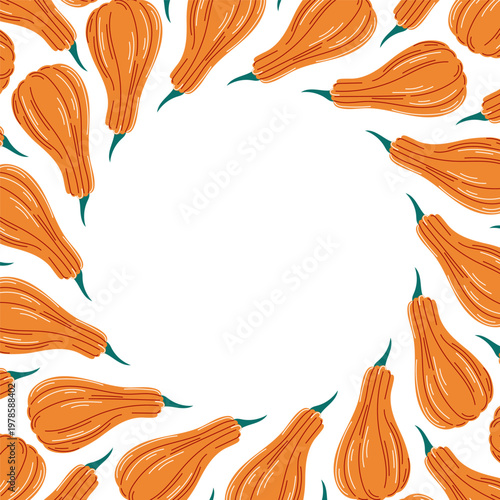 Pattern with flat orange pumpkins arranged in circular composition. Flat illustration isolated on white background, perfect for autumn textile, wrapping paper and seasonal design.