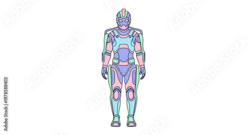 Full body robot with colorful circuits.