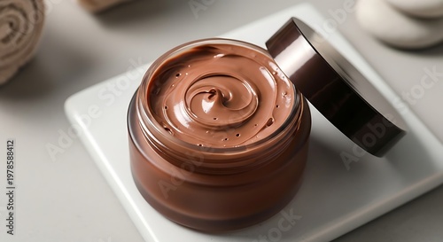 A luxurious jar of rich chocolate cream or spread is presented open with its lid slightly ajar showcasing the smooth texture and appealing swirl on its surface suggesting indulgence and decadent