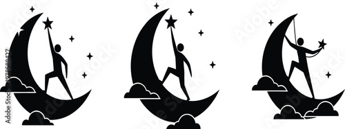 Silhouette of a Person Reaching for the Stars on the Moon – Inspirational Vector Illustration with Clouds and Stars
