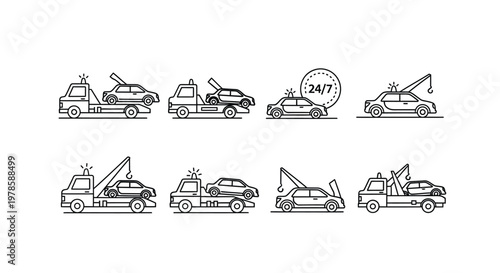 A series of line art icons depicting various roadside assistance and towing scenarios