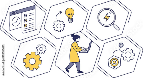 Set Flat Business Icons, money signs. Product development button seks Containing innovation, prototype, design, research, testing, product launch, conception and marketing icons. stock vector