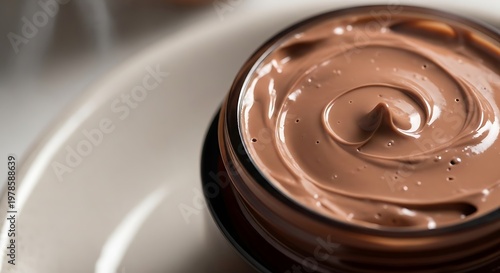 Luxurious creamy texture of cosmetic face cream with a swirling pattern in a small container suitable for beauty and skincare advertisement conveying nourishment and indulgence for facial care