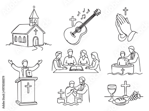 Christianity icons representing church, worship, prayer, baptism, evangelism and communion