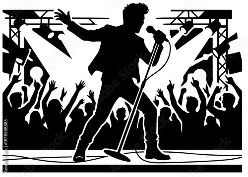 Rock singer silhouette man with microphone on stage concert performance band music show illustration