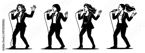 Female singer silhouette in suit with microphone performing on stage concert music show illustration