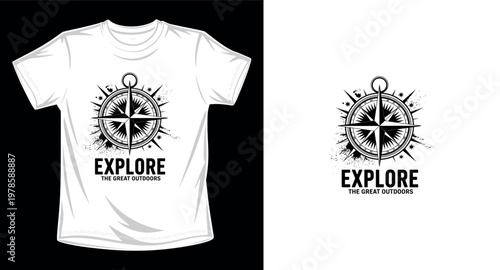 Retro compass with stars and splatters explore the great outdoors t-shirt design print template.