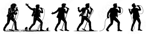 Male singer silhouette performing live with microphone rock concert stage band lights illustration