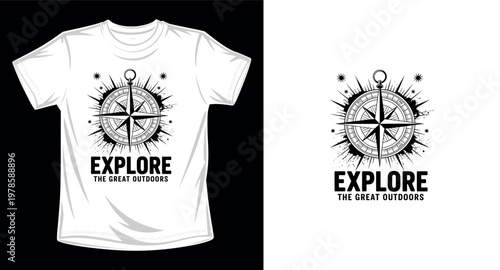 Explore great outdoors compass t-shirt design with nautical star and grunge elements for adventure travel apparel.