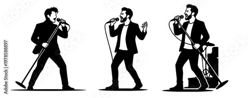 Man silhouette singer with microphone rock band performance on stage with drums and guitar