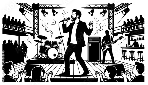 Man silhouette singer with microphone rock band performance on stage with drums and guitar