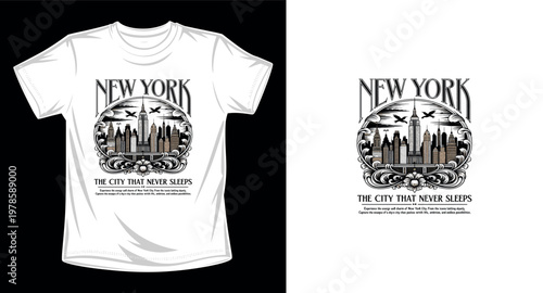New York city skyline with decorative frame and birds illustration graphic vector art t-shirt design print template.	