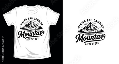 Mountav adventure hiking and camping t-shirt design featuring snowy mountain peaks and pine trees.