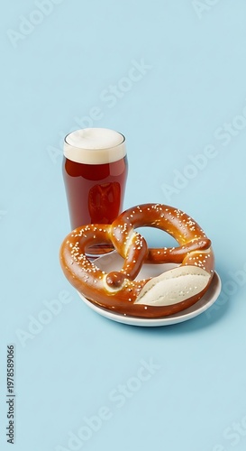 Delicious pretzel and beer on a light blue background.