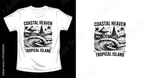 Tropical island coastal heaven t-shirt graphic featuring surfer catching wave and bali architecture.