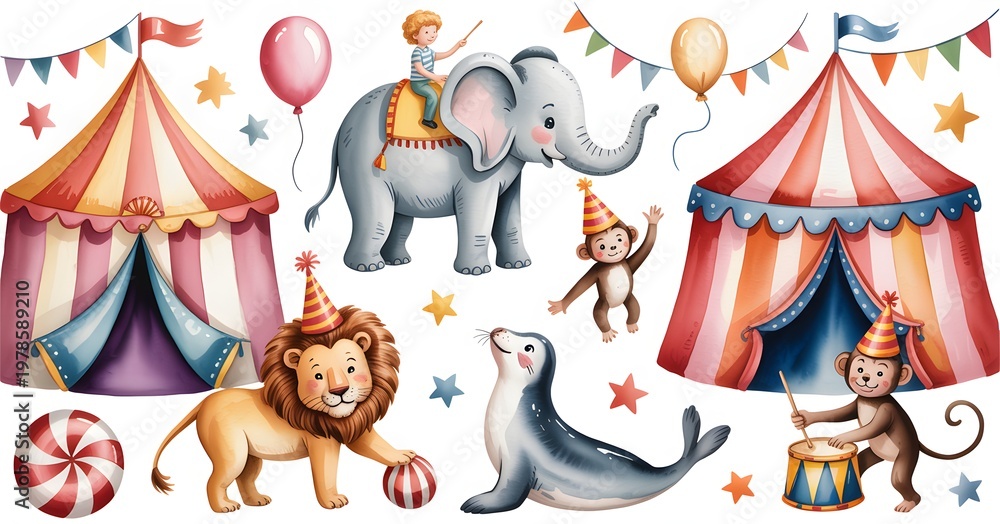 Naklejka premium Circus themed watercolor set with tents elephant lion seal and monkeys on a white background