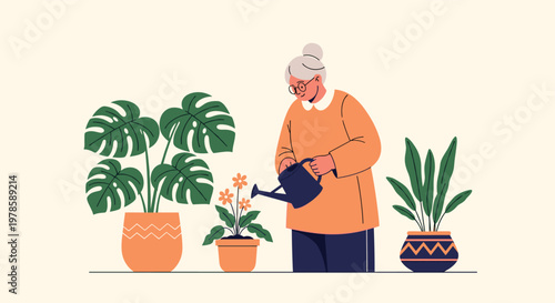 Senior woman with gray hair and glasses carefully waters her lush indoor garden of potted monstera and leafy green plants at home.