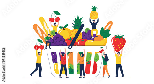 Miniature people work together to fill a giant shopping basket with diverse fresh fruits and vegetables like pineapple and strawberries.