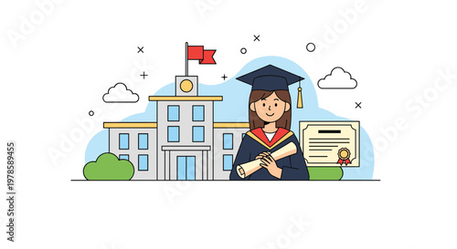 Proud young graduate woman stands in front of a school building holding her diploma after completing her higher education journey.
