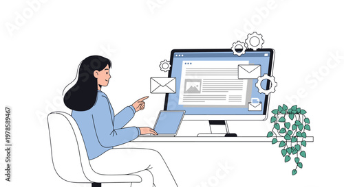 Professional woman manages her digital tasks on a desktop computer with floating envelope and gear icons for productivity.