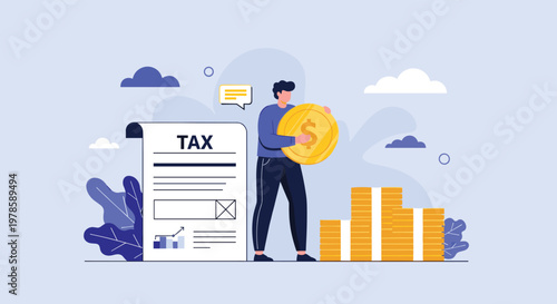 Man carries a large gold coin toward a giant tax document and stacks of money illustrating taxation and financial management.