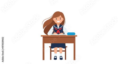 Smiling schoolgirl in a traditional navy uniform sits at a wooden desk and writes diligently in her notebook during class.