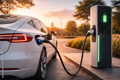 Electric car charging at station with green energy concept, sustainable transportation and future mobility