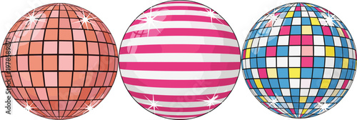 Colorful Disco Ball Vector Illustration – Shiny Geometric Disco Balls with Stripes and Checkered Patterns for Party Themes