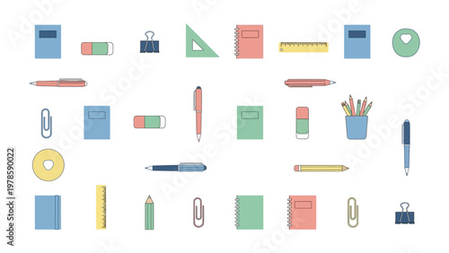 Stationery Essentials: A tidy assortment of essential stationery items arranged in an organized fashion, featuring pens, pencils, notebooks, and more.