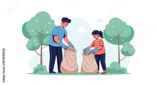 Father and daughter work together as volunteers to collect trash in a forest park as part of an environmental cleaning project.