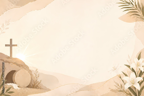 Easter floral background with cross and empty tomb