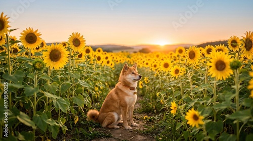 Shiba Inu In Sunflower Field Under Warm Summer Sky