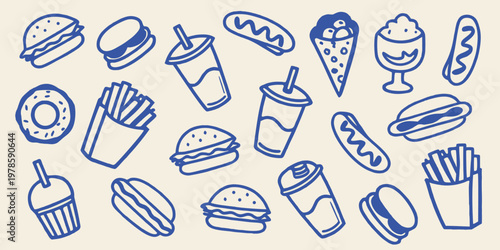 Hand drawn illustrations of various fast food items and sweet treats