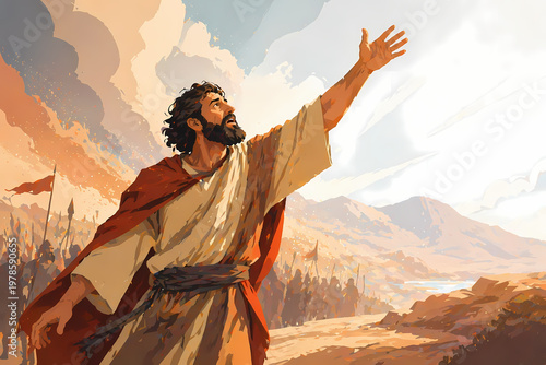 Biblical man raising hand in desert landscape illustration