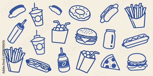 A collection of hand drawn fast food items in blue line art
