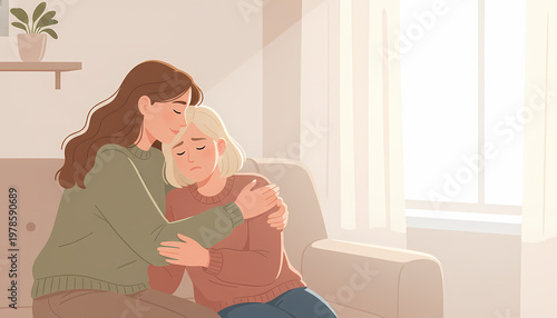Young woman comforting elderly mother on sofa at home