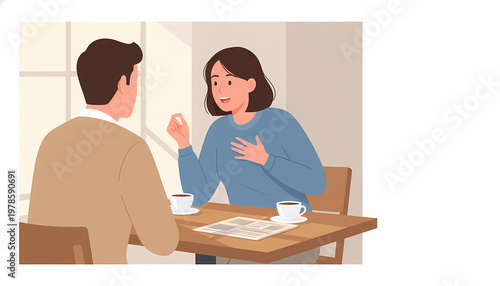 Couple talking over coffee at cafe table indoors