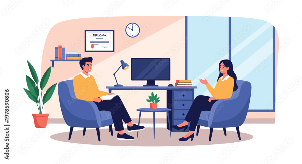 Fototapeta premium Human resources manager conducts a job interview with a male candidate in a professional office setting with a computer and shelves.