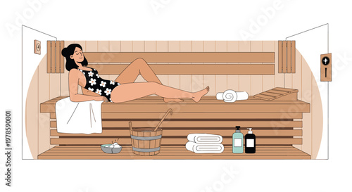 Woman lies back and relaxes on a wooden bench inside a peaceful traditional sauna room equipped with various spa accessories.
