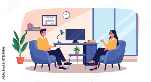 Human resources manager conducts a job interview with a male candidate in a professional office setting with a computer and shelves.