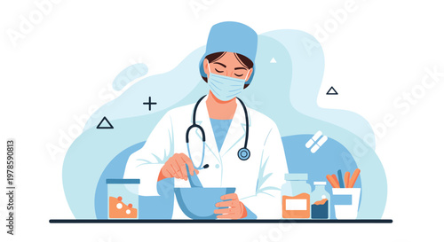 Female pharmacist wearing a medical mask and white coat prepares a medication by mixing ingredients in a laboratory bowl.