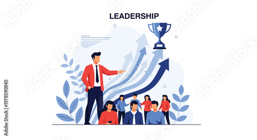 Confident leader points his team toward a golden trophy and rising arrows to symbolize collective achievement and success.