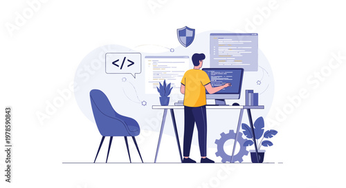 Software engineer works at his desk on multiple code windows with security shield and gear icons for cyber protection.