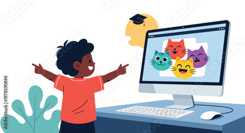 Excited young boy points at his computer monitor displaying friendly cartoon cats during an interactive online learning session.