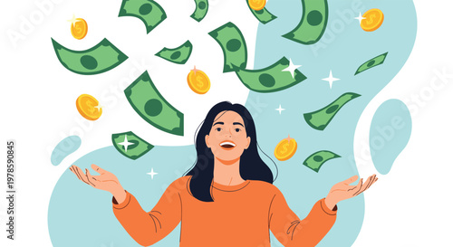 Joyful woman celebrates with open arms as a rain of cash and golden coins falls from above representing unexpected wealth.
