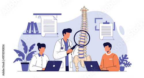 Medical professionals analyze a human spine model with a magnifying glass while working together in a modern healthcare office.