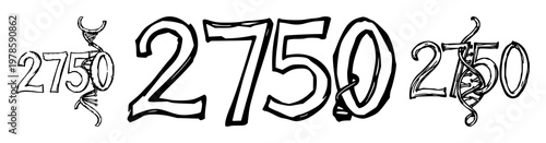 Ornate 2750 numeral set with rough sketchy DNA strands featuring 2750, DNA strands, ornate design with white background and sketchy lines