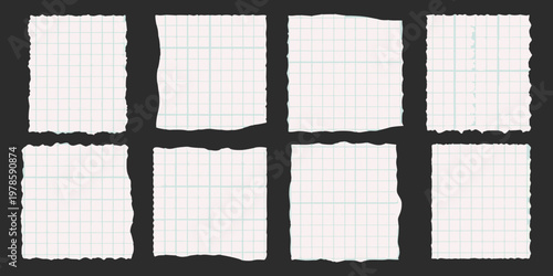 Torn pieces of lined paper arranged on a dark background