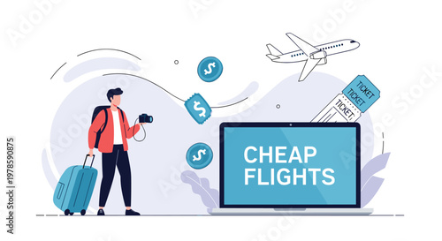 Male traveler with a suitcase and camera looks at a laptop screen displaying a cheap flights promotion for vacation planning.