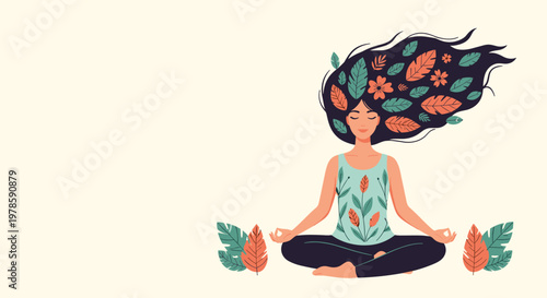 Peaceful woman practices meditation in lotus pose with decorative floral and leaf elements flowing through her hair for mental wellness.